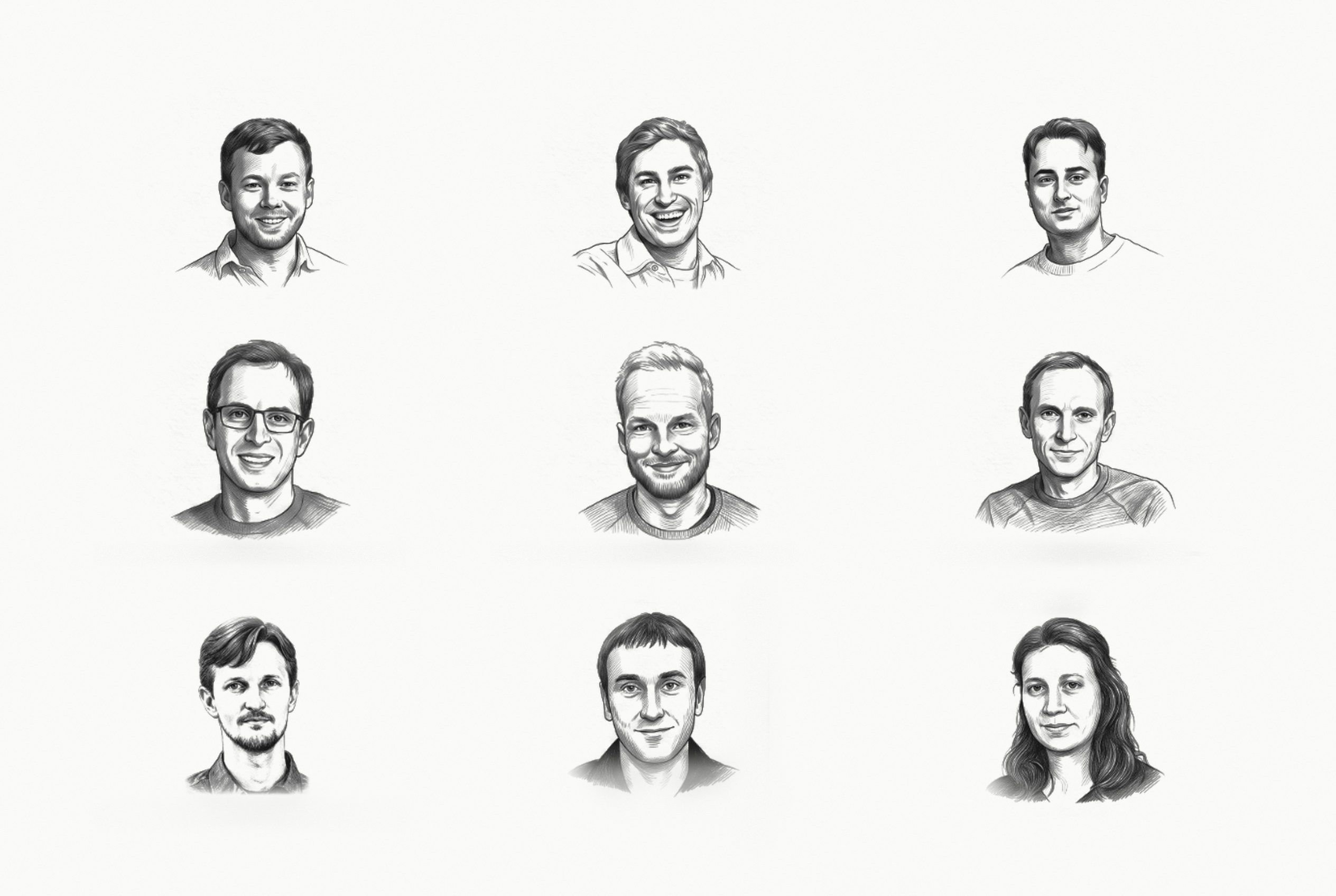 Ołówkowe portrety dziewięciorga Polaków — współzałożycieli miliardowych startupów w USA: Wojciech Zaremba (OpenAI), Mati Staniszewski (ElevenLabs), Piotr Dąbkowski (ElevenLabs), Filip Kaliszan (Verkada), Karol Hausman (Physical Intelligence), Tomas Gorny (Nextiva), Kamil Bajda-Pawlikowski (Starburst), Paweł Garbacki (Fireworks AI), Joanna Kochaniak (Upside)