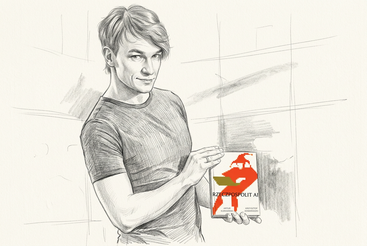 Pencil portrait of Krzysztof Domaradzki holding the book RzeczpospolitAI